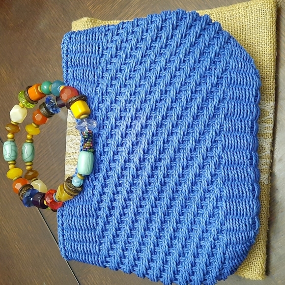 Capellini Straworld Handbags - Capellini Straworld Small Blue Straw Purse with Gorgeous Round Beaded Handles!